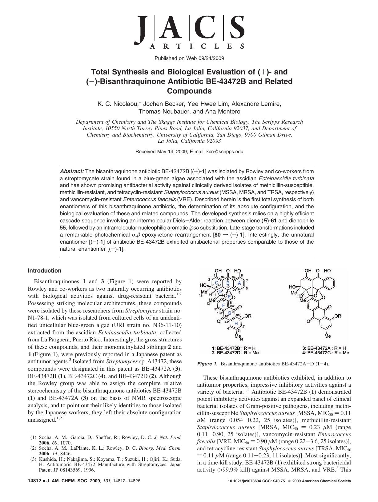 Total Synthesis and Biological Evaluation of (+)- and (â)-Bisanthraquinone Antibiotic BE-43472B and Related Compounds by unknow