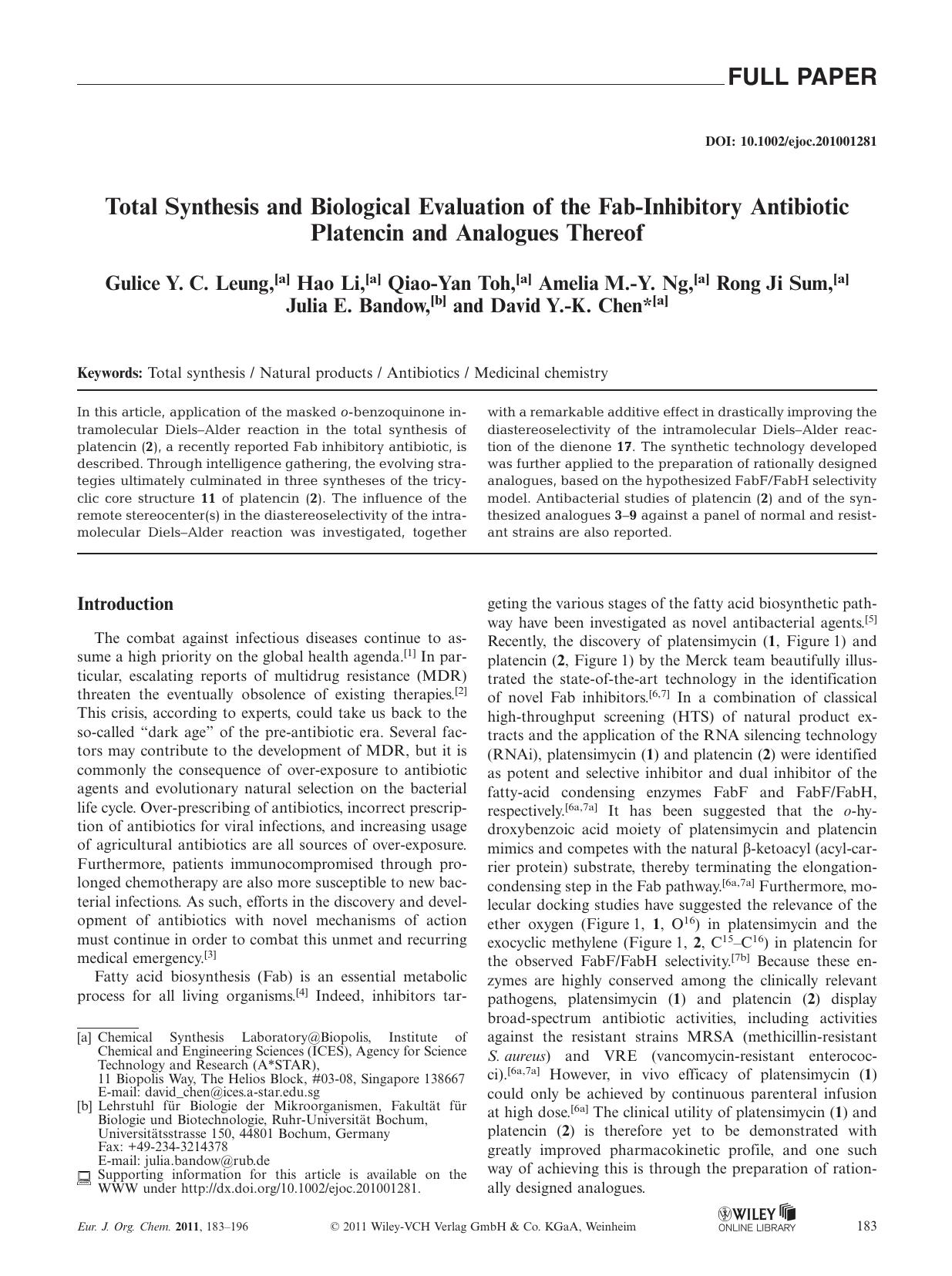 Total Synthesis and Biological Evaluation of the FabInhibitory Antibiotic Platencin and Analogues Thereof by Unknown