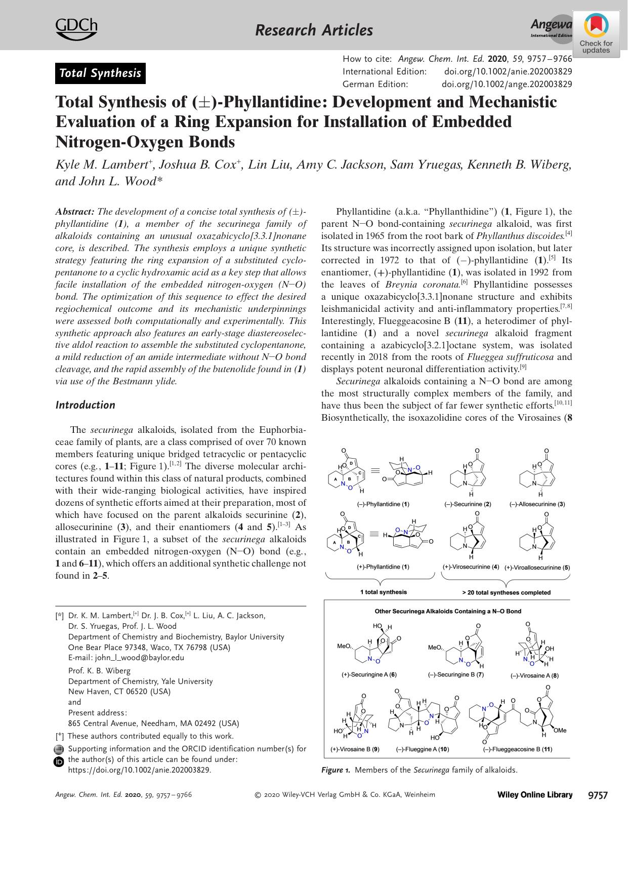 Total Synthesis of (Â±)âPhyllantidine: Development and Mechanistic Evaluation of a Ring Expansion for Installation of Embedded NitrogenâOxygen Bonds by Unknown