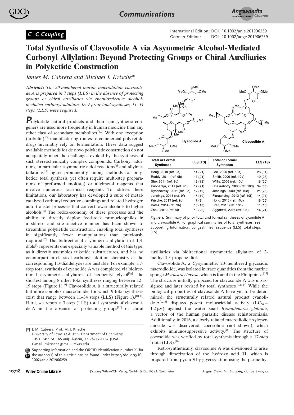 Total Synthesis of ClavosolideâA via Asymmetric AlcoholâMediated Carbonyl Allylation: Beyond Protecting Groups or Chiral Auxiliaries in Polyketide Construction by Unknown