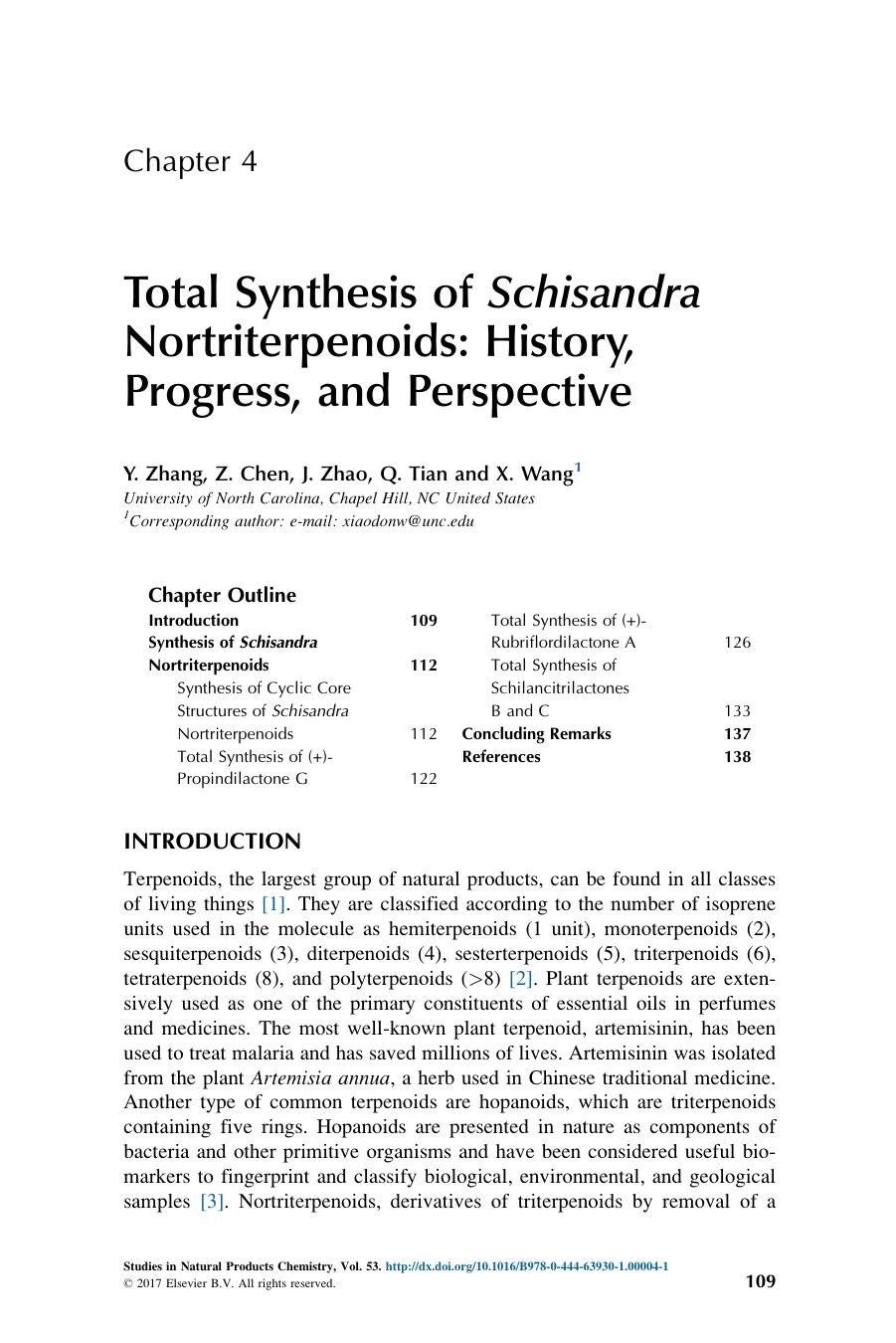 Total Synthesis of Schisandra Nortriterpenoids: History, Progress, and Perspective by Y. Zhang & Z. Chen & J. Zhao & Q. Tian & X. Wang