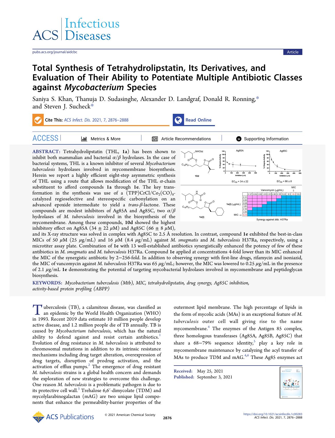 Total Synthesis of Tetrahydrolipstatin, Its Derivatives, and Evaluation of Their Ability to Potentiate Multiple Antibiotic Classes against Mycobacterium Species by unknow