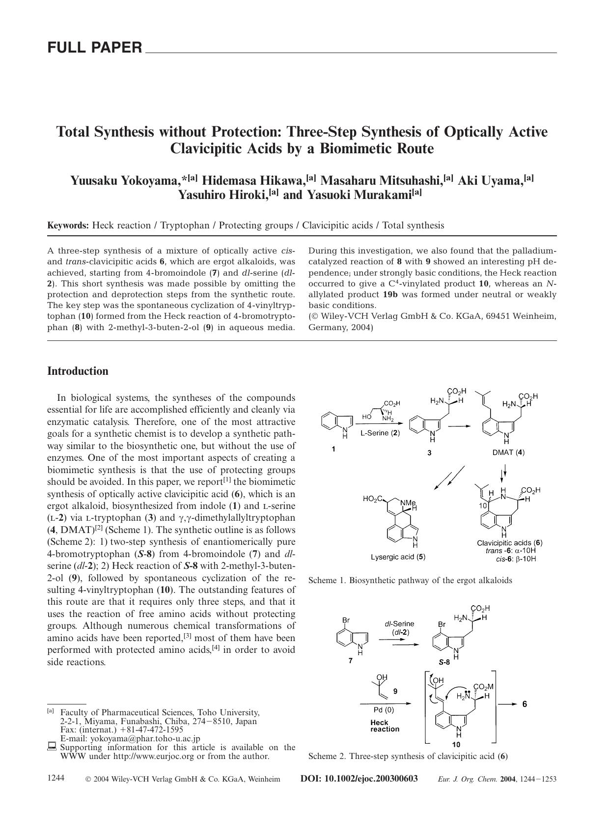 Total Synthesis without Protection: Three-Step Synthesis of Optically Active Clavicipitic Acids by a Biomimetic Route by Unknown