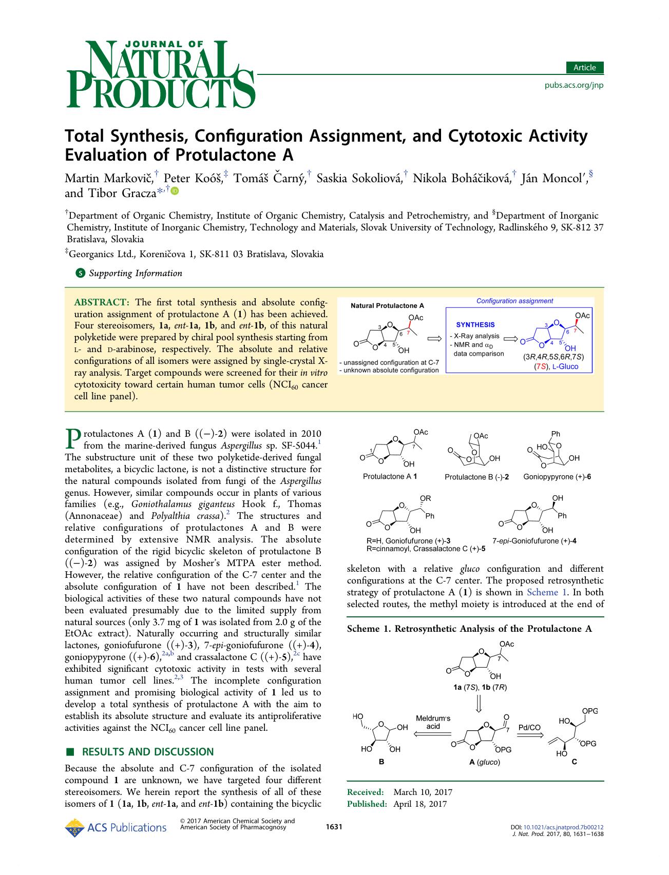 Total Synthesis, Configuration Assignment, and Cytotoxic Activity Evaluation of Protulactone A by unknow