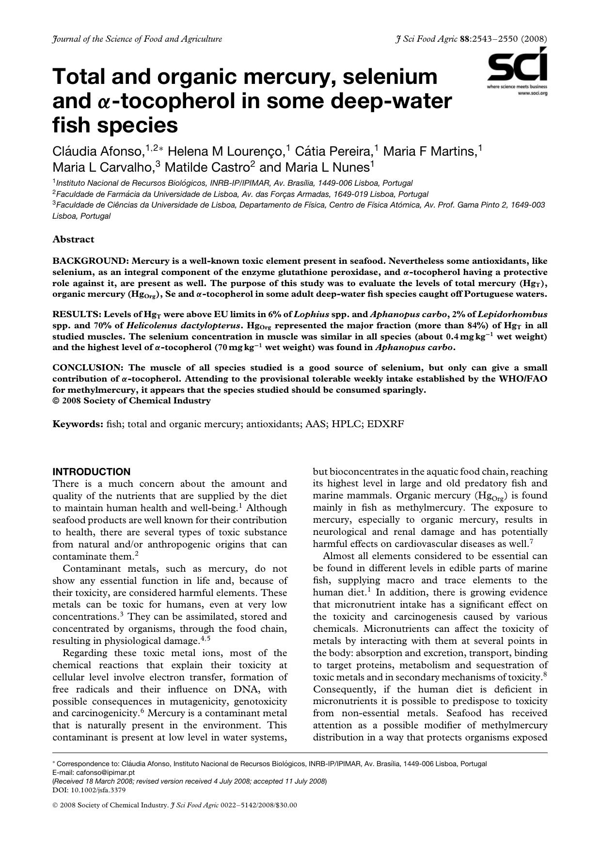 Total and organic mercury, selenium and [alpha]-tocopherol in some deep-water fish species by Unknown