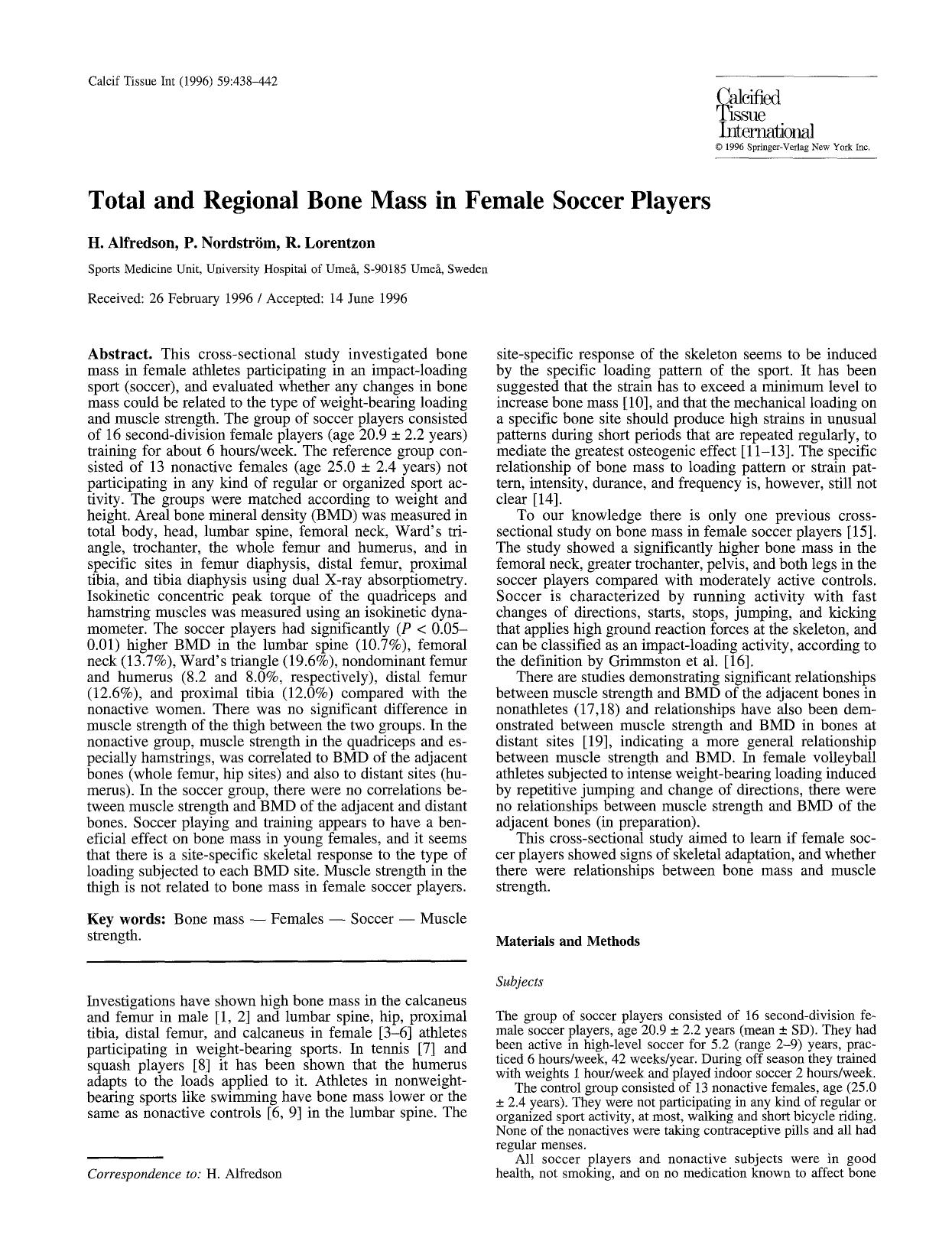 Total and regional bone mass in female soccer players by Unknown