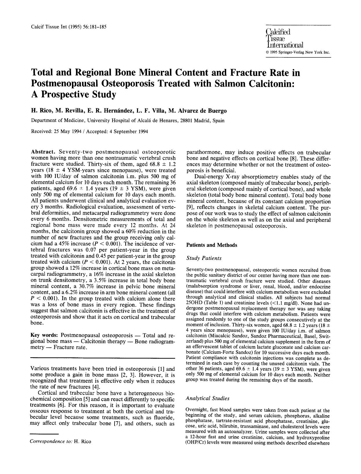 Total and regional bone mineral content and fracture rate in postmenopausal osteoporosis treated with salmon calcitonin: A prospective study by Unknown