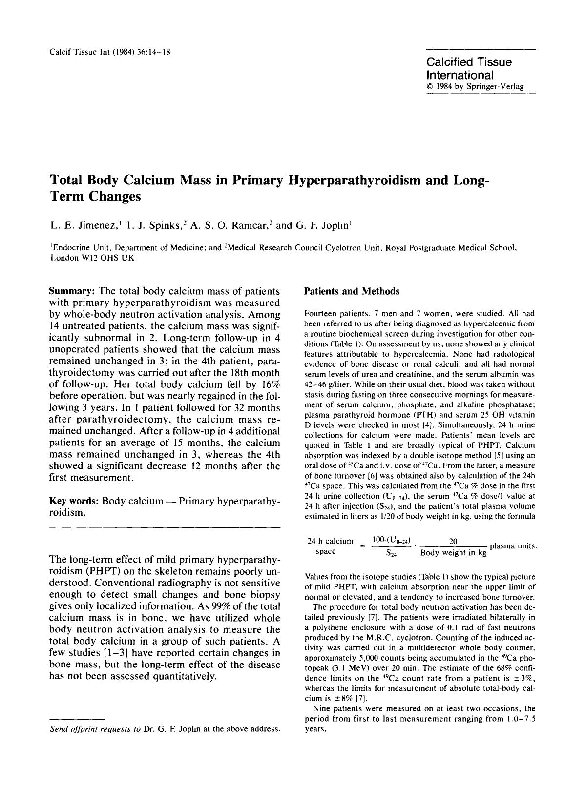 Total body calcium mass in primary hyperparathyroidism and long-term changes by Unknown