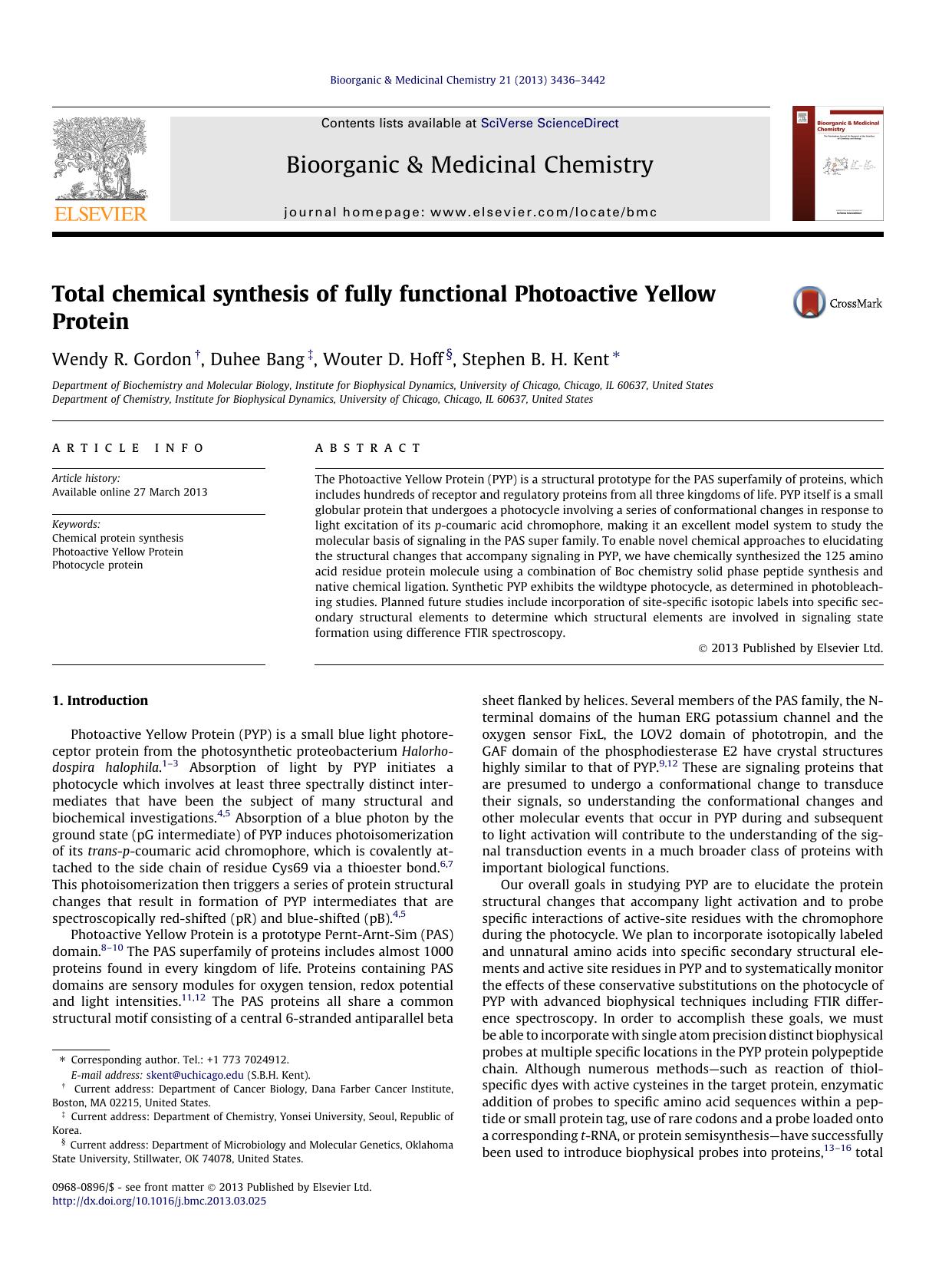 Total chemical synthesis of fully functional Photoactive Yellow Protein by Wendy R. Gordon & Duhee Bang & Wouter D. Hoff & Stephen B.H. Kent
