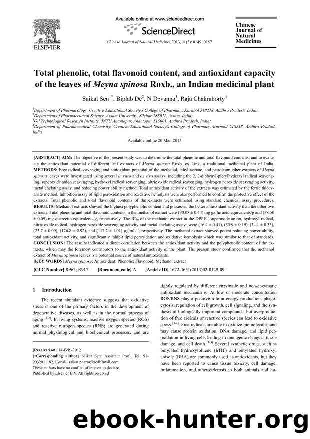 Total phenolic, total flavonoid content, and antioxidant capacity of the leaves of Meyna spinosa Roxb., an Indian medicinal plant by Saikat Sen & Biplab De & N Devanna & Raja Chakraborty