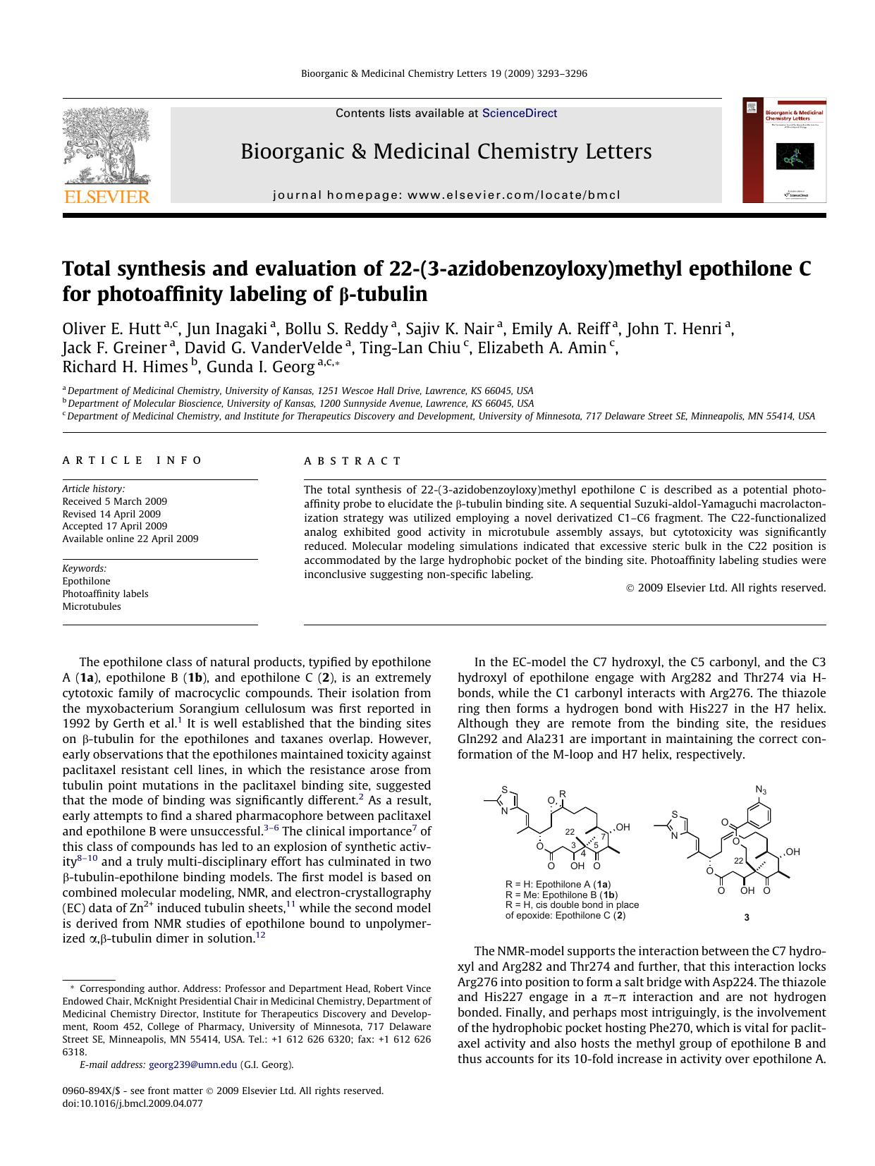 Total synthesis and evaluation of 22-(3-azidobenzoyloxy)methyl epothilone C for photoaffinity labeling of Î²-tubulin by unknow
