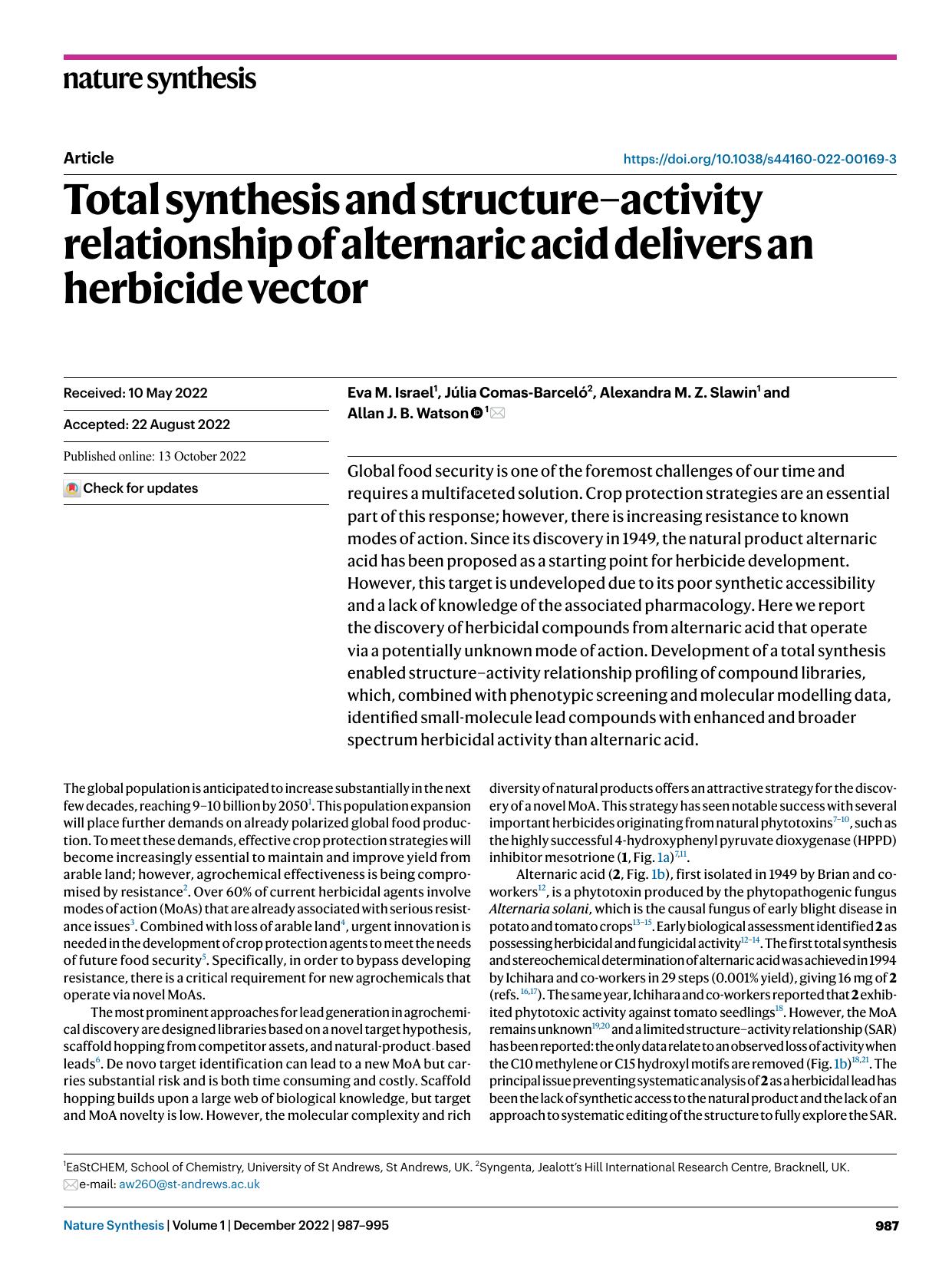 Total synthesis and structureâactivity relationship of alternaric acid delivers an herbicide vector by Eva M. Israel & Júlia Comas-Barceló & Alexandra M. Z. Slawin & Allan J. B. Watson