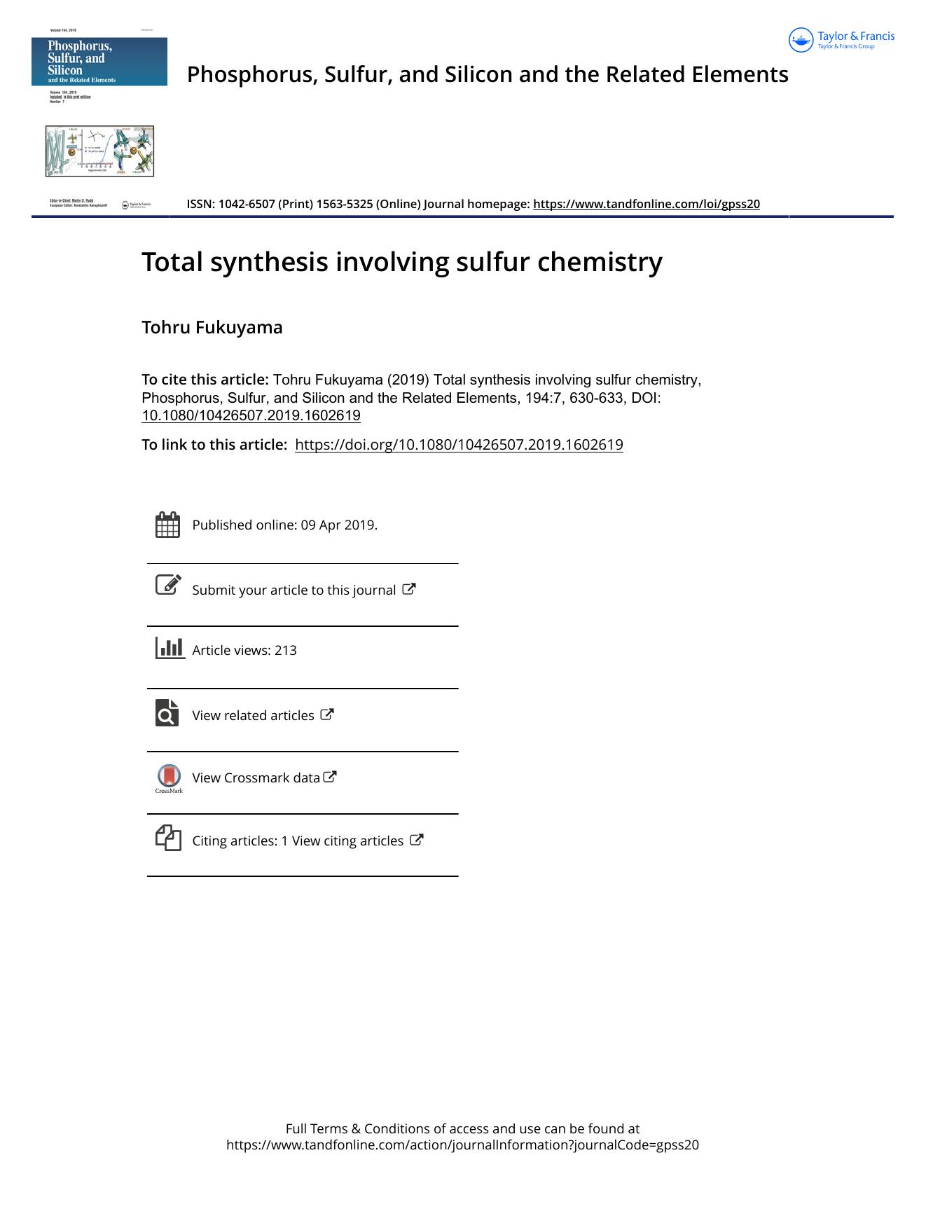 Total synthesis involving sulfur chemistry by Fukuyama Tohru