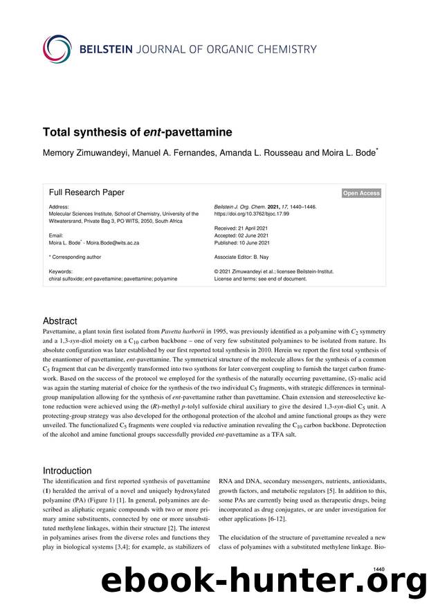 Total synthesis of ent-pavettamine by Memory Zimuwandeyi Manuel A. Fernandes Amanda L. Rousseau Moira L. Bode