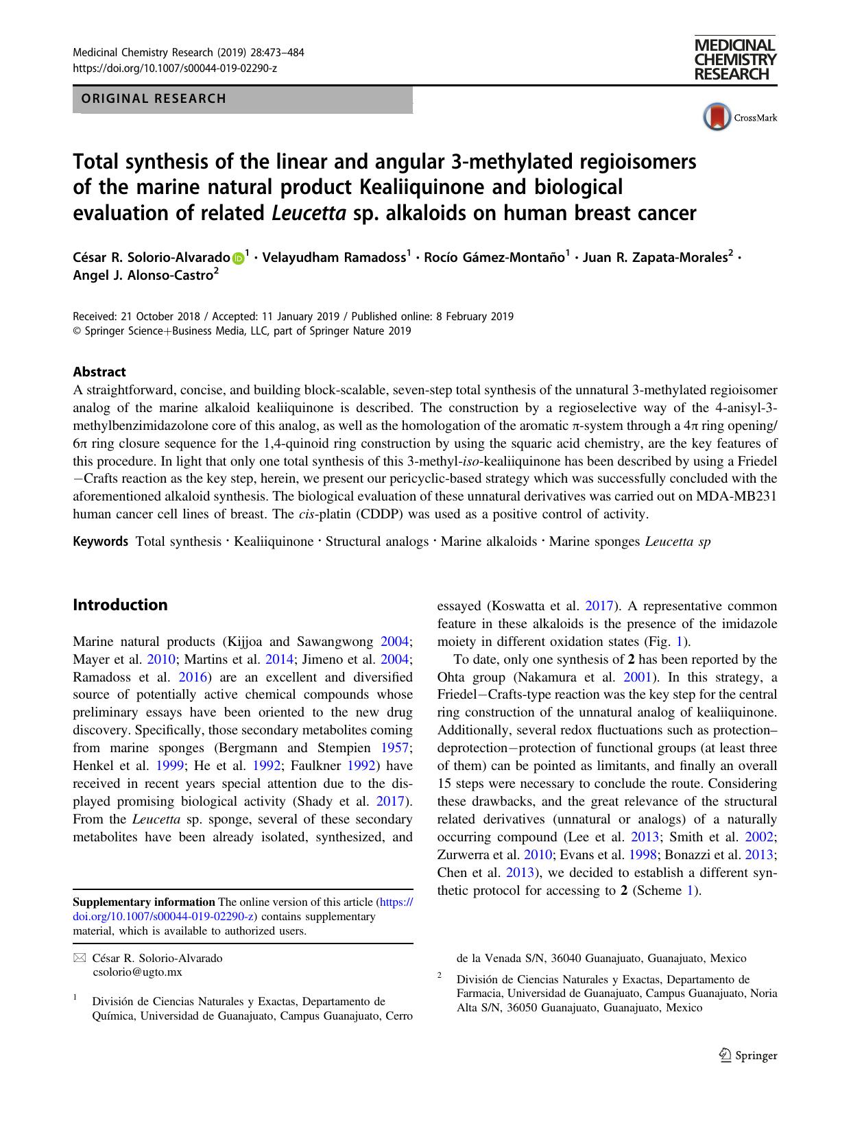 Total synthesis of the linear and angular 3-methylated regioisomers of the marine natural product Kealiiquinone and biological evaluation of related Leucetta sp. alkaloids on human breast cancer by unknow