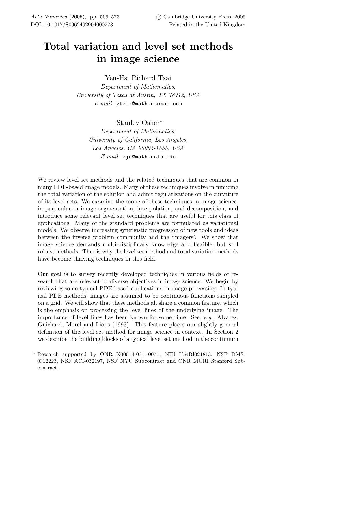 Total variation and level set methods in image science by Unknown