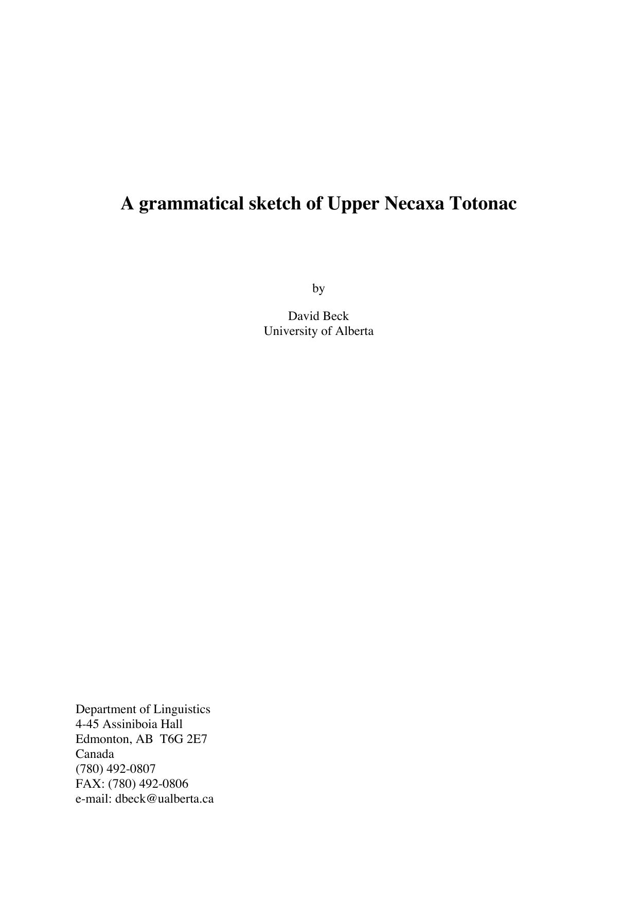 Totonac, A grammatical sketch of Upper Necaxa (Beck) by Unknown
