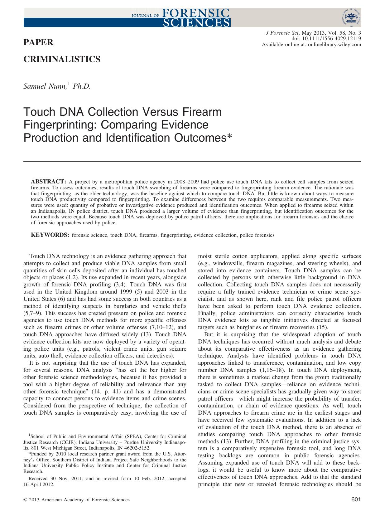 Touch DNA Collection Versus Firearm Fingerprinting: Comparing Evidence Production and Identification Outcomes by Unknown
