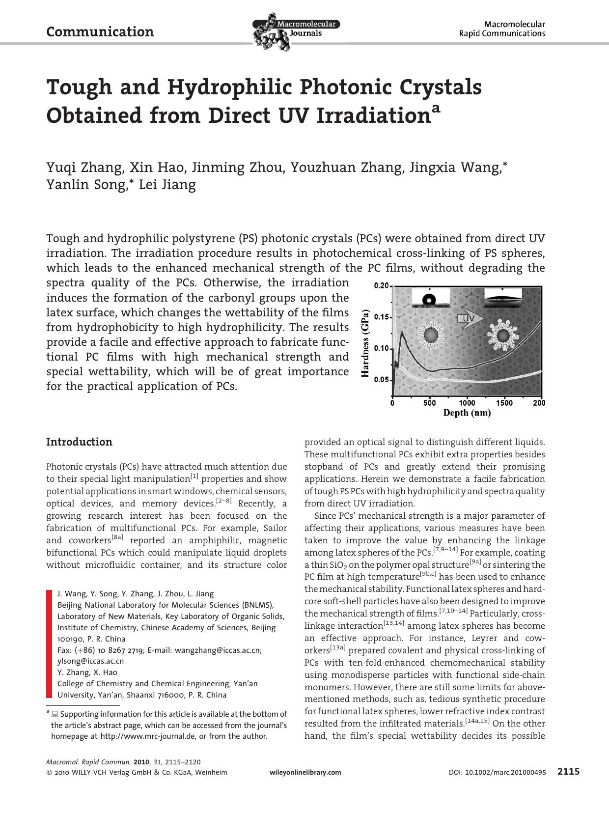 Tough and Hydrophilic Photonic Crystals Obtained from Direct UV Irradiation by Unknown