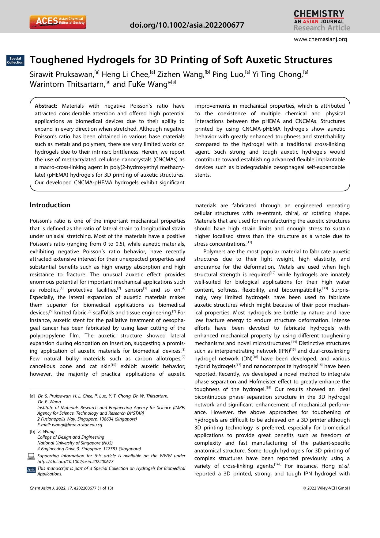 Toughened Hydrogels for 3D Printing of Soft Auxetic Structures by Unknown