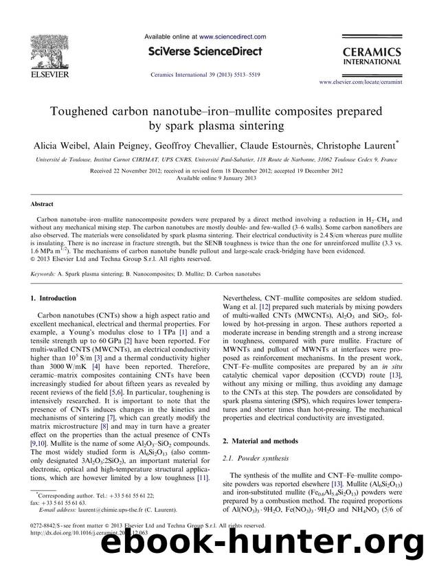 Toughened carbon nanotubeâironâmullite composites prepared by spark plasma sintering by Alicia Weibel & Alain Peigney & Geoffroy Chevallier & Claude Estournès & Christophe Laurent