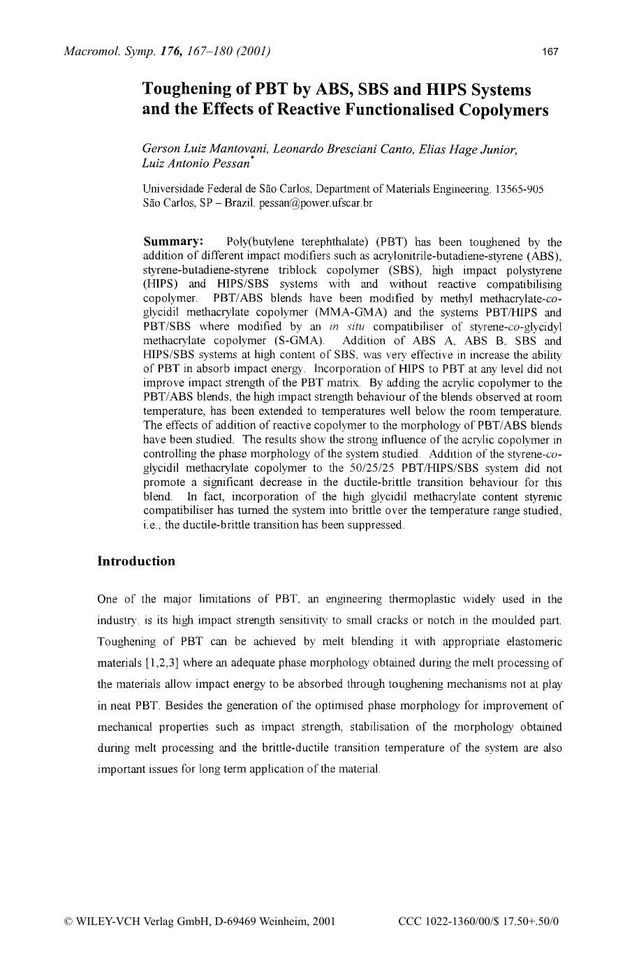 Toughening of PBT by ABS, SBS and HIPS systems and the effects of reactive functionalised copolymers by Unknown