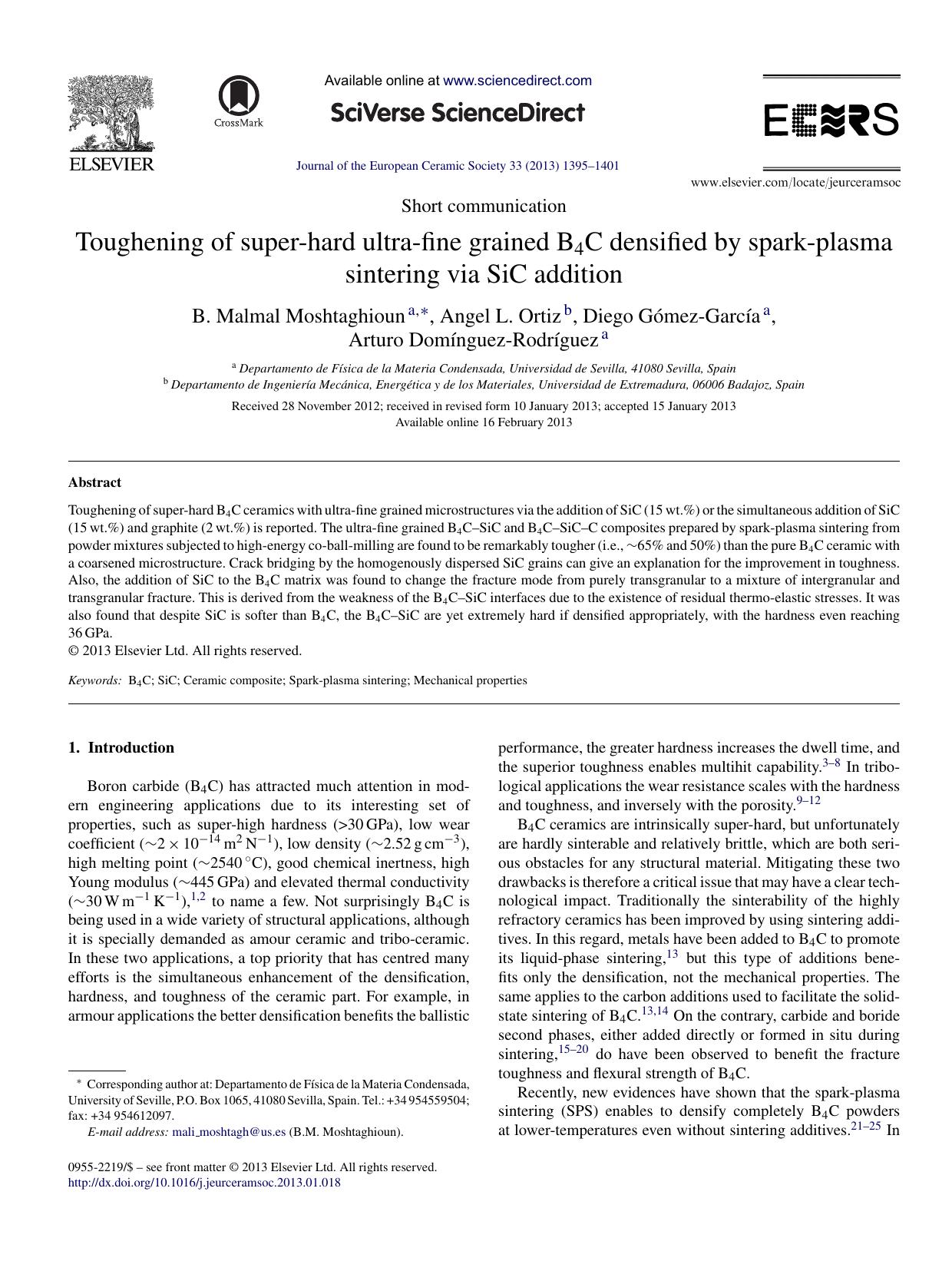 Toughening of super-hard ultra-fine grained B4C densified by spark-plasma sintering via SiC addition by B. Malmal Moshtaghioun