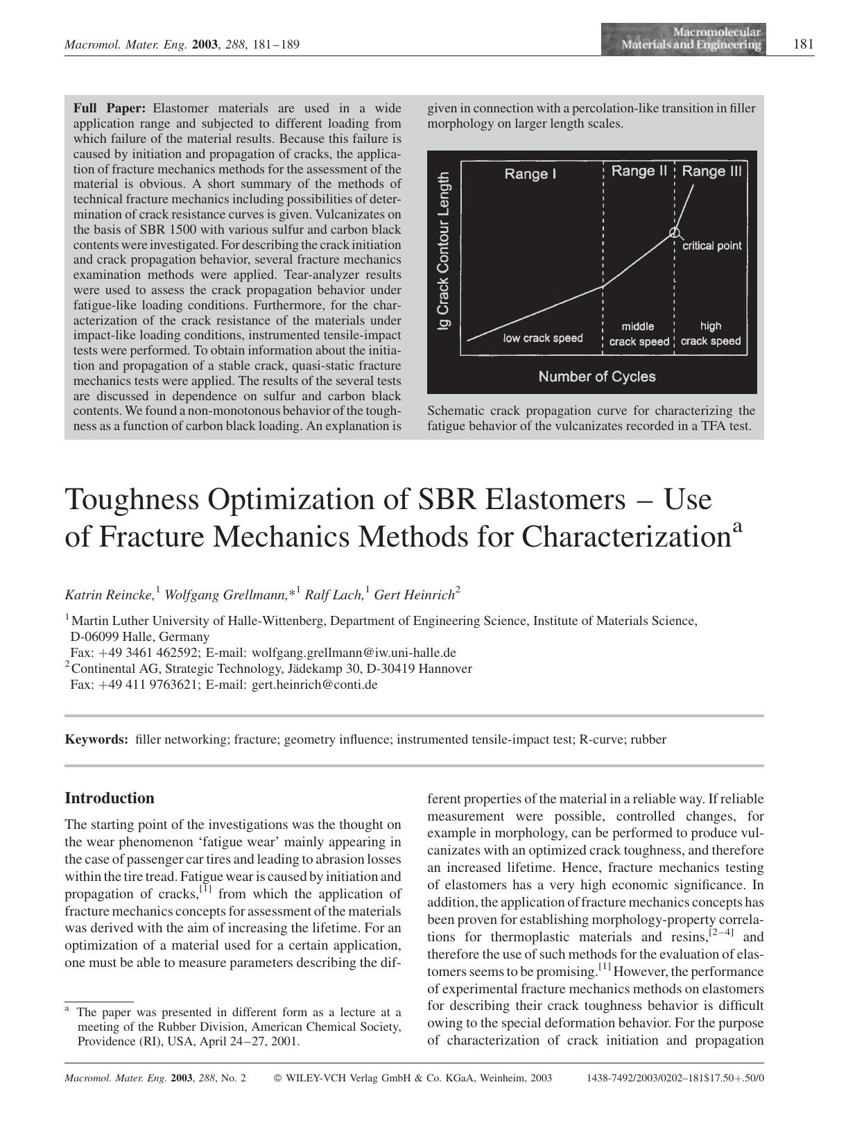 Toughness Optimization of SBR Elastomers - Use of Fracture Mechanics Methods for Characterization by Unknown
