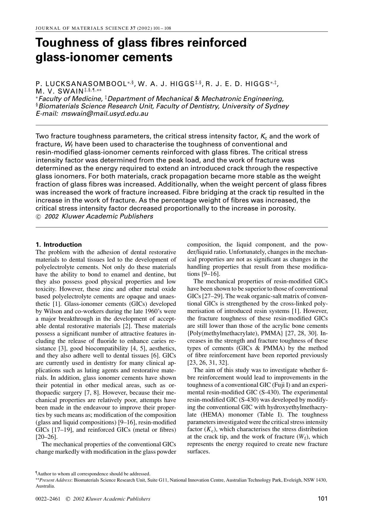Toughness of glass fibres reinforced glass-ionomer cements by Unknown