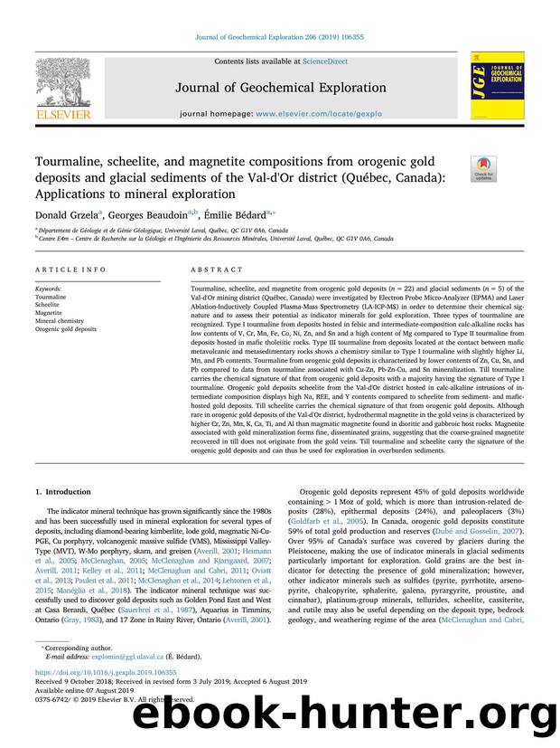 Tourmaline, scheelite, and magnetite compositions from orogenic gold deposits and glacial sediments of the Val-d'Or district (QuÃ©bec, Canada)_ Applications to mineral exploration by Donald Grzela & Georges Beaudoin & Émilie Bédard