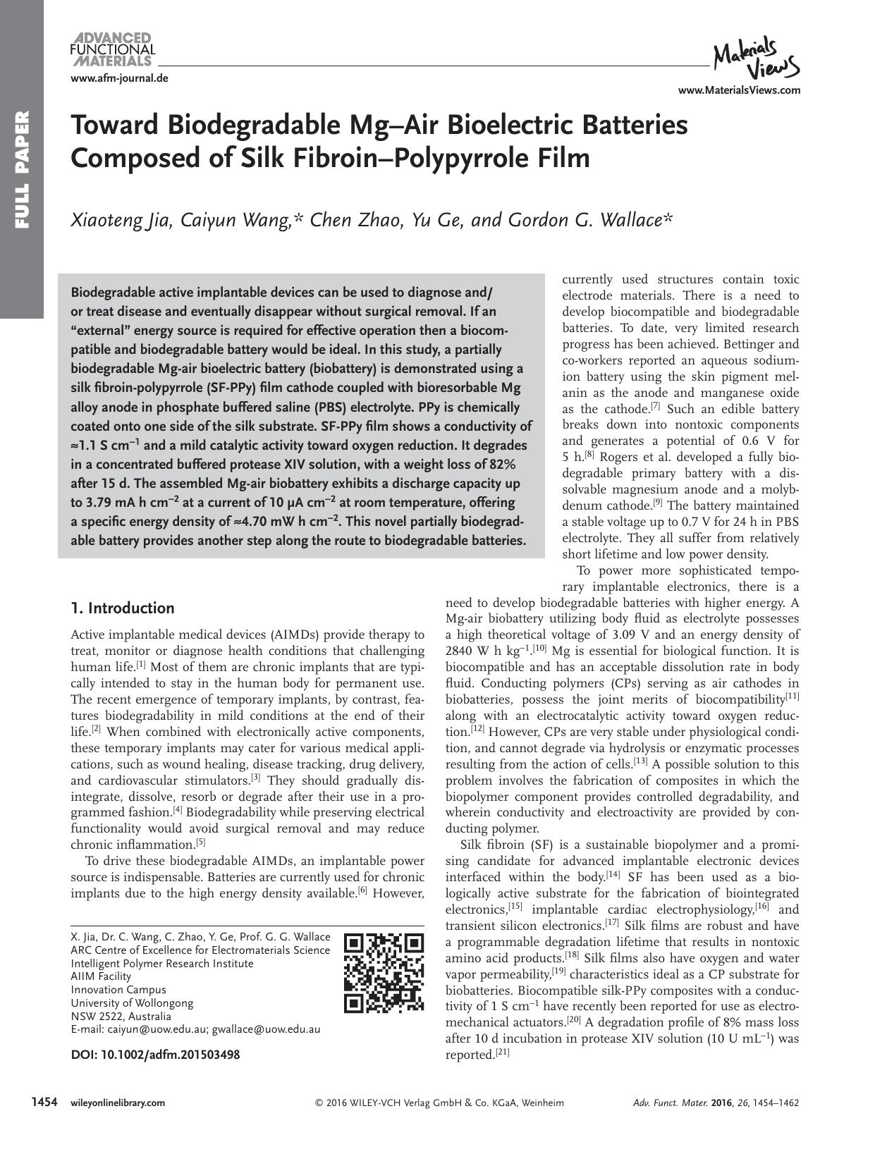 Toward Biodegradable Mg–Air Bioelectric Batteries Composed of Silk Fibroin–Polypyrrole Film by Unknown