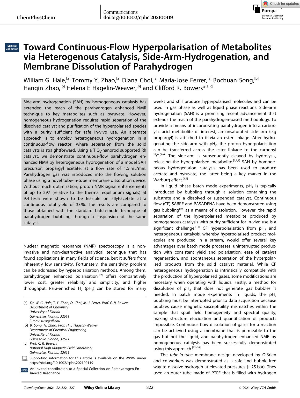 Toward ContinuousâFlow Hyperpolarisation of Metabolites via Heterogenous Catalysis, SideâArmâHydrogenation, and Membrane Dissolution of Parahydrogen by Unknown