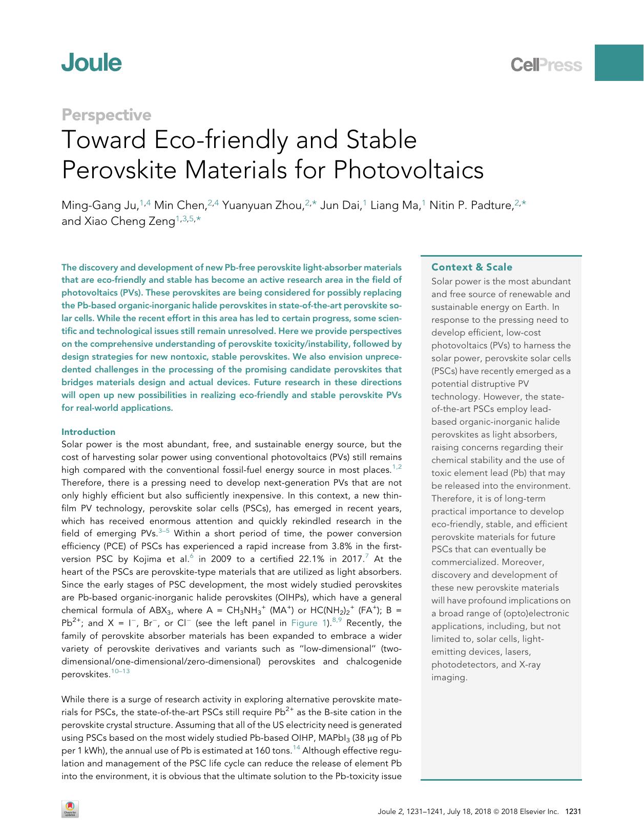 Toward Eco-friendly and Stable Perovskite Materials for Photovoltaics by Ming-Gang Ju & Min Chen & Yuanyuan Zhou & Jun Dai & Liang Ma & Nitin P. Padture & Xiao Cheng Zeng