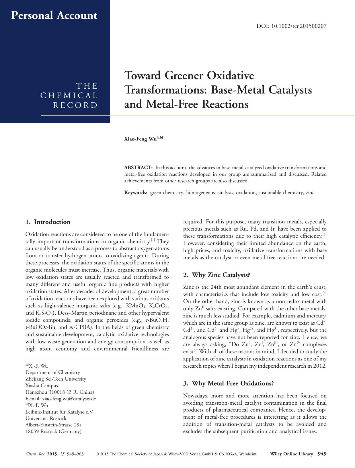 Toward Greener Oxidative Transformations: BaseMetal Catalysts and MetalFree Reactions by Unknown