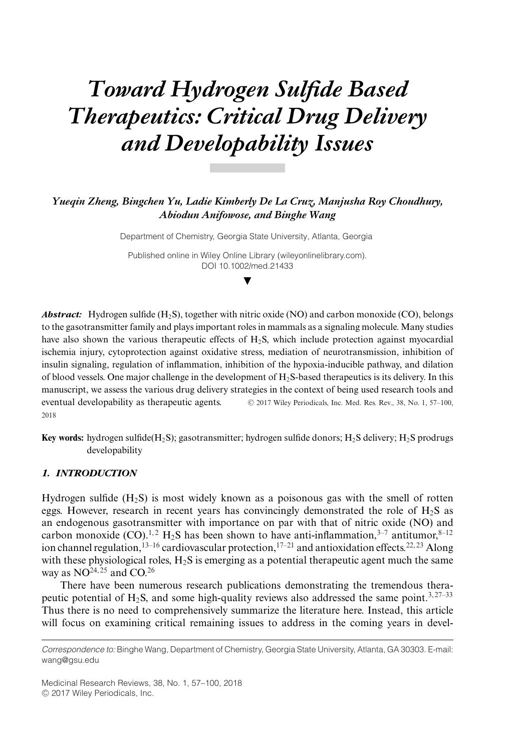 Toward Hydrogen Sulfide Based Therapeutics: Critical Drug Delivery and Developability Issues by Unknown