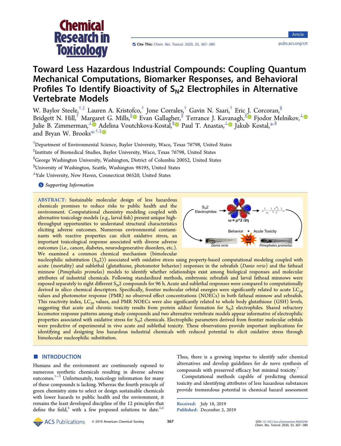 Toward Less Hazardous Industrial Compounds: Coupling Quantum Mechanical Computations, Biomarker Responses, and Behavioral Profiles To Identify Bioactivity of SN2 Electrophiles in A by unknow