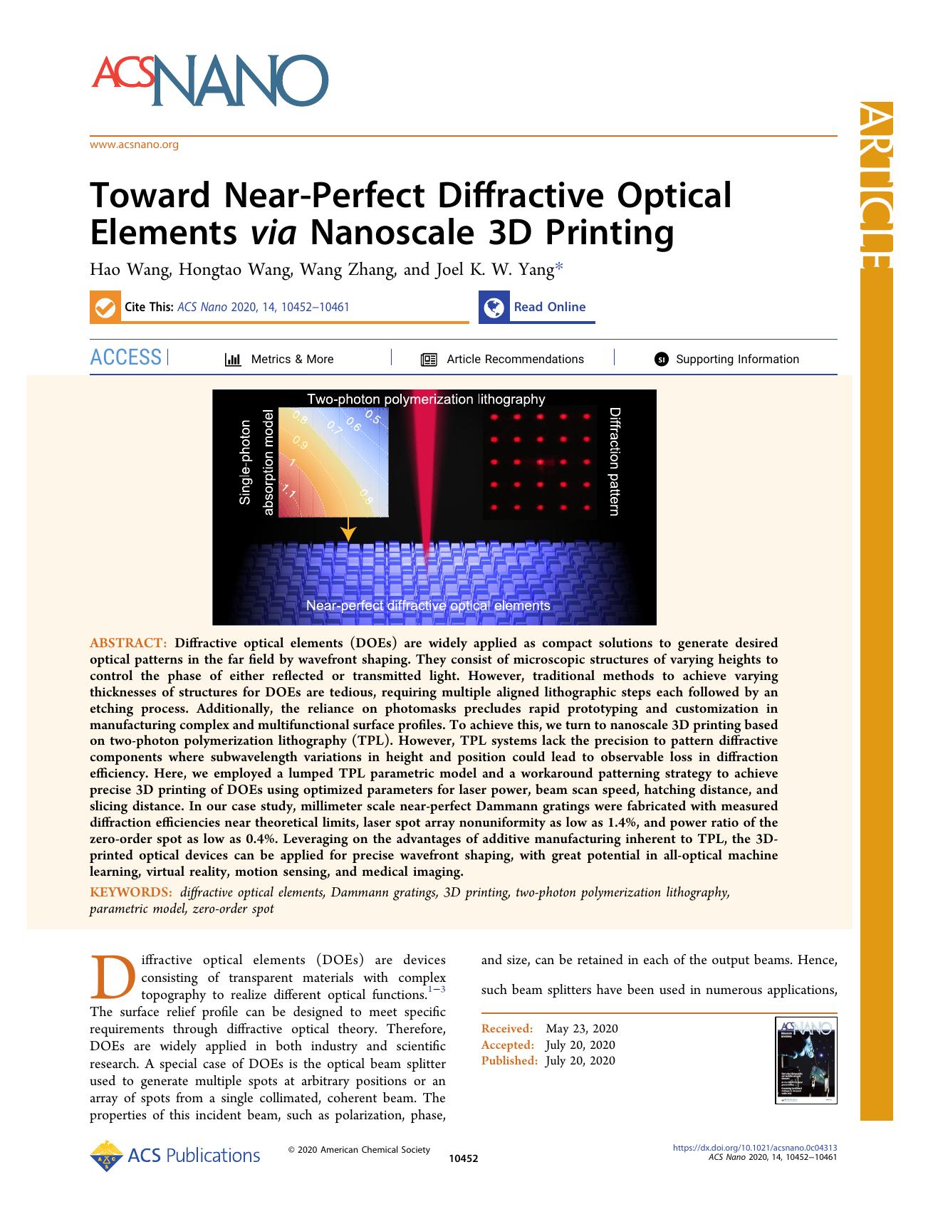Toward Near-Perfect Diffractive Optical Elements via Nanoscale 3D Printing by Hao Wang Hongtao Wang Wang Zhang and Joel K. W. Yang