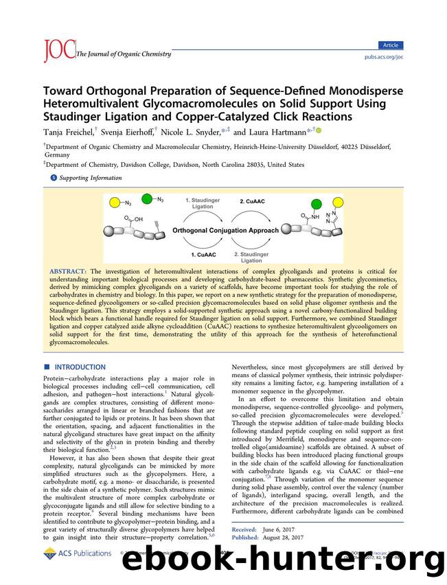 Toward Orthogonal Preparation of Sequence-Defined Monodisperse Heteromultivalent Glycomacromolecules on Solid Support Using Staudinger Ligation and Copper-Catalyzed Click Reactions by Tanja Freichel Svenja Eierhoff Nicole L. Snyder & Laura Hartmann