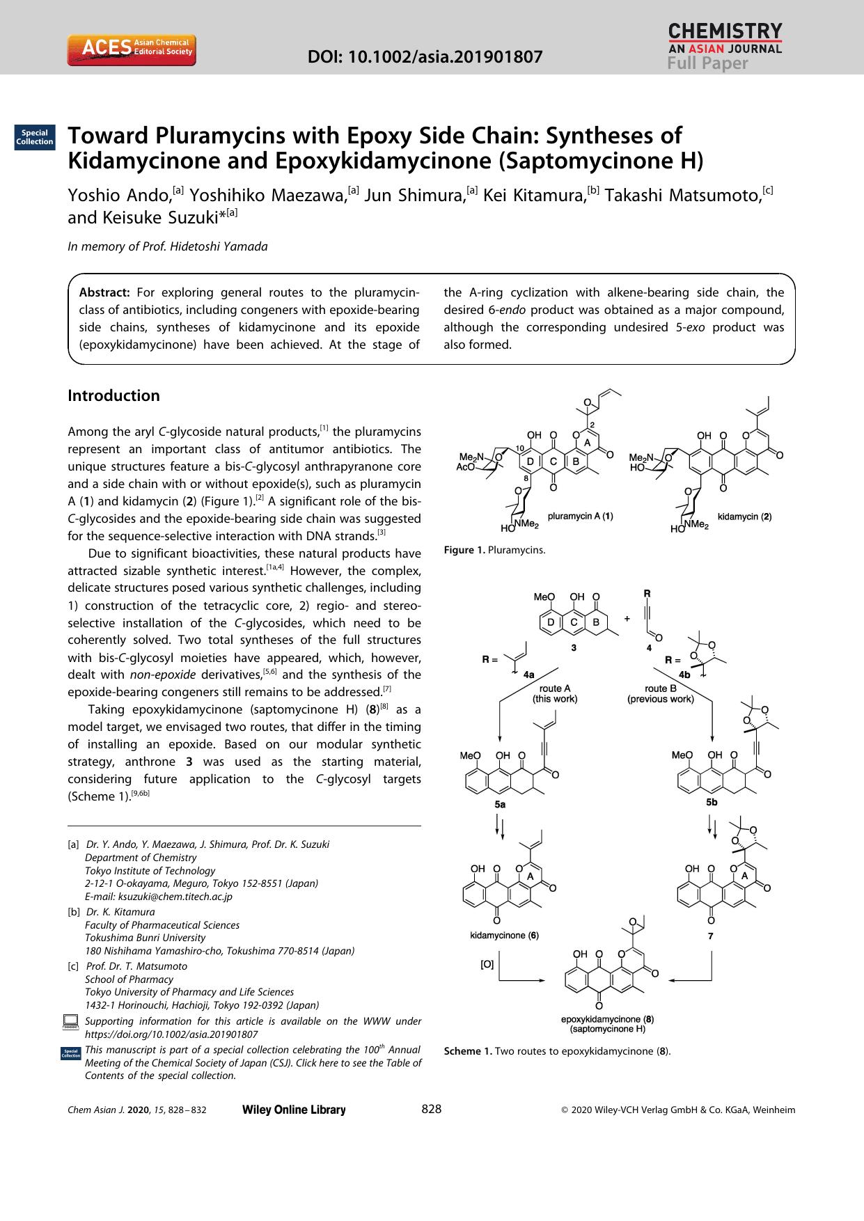 Toward Pluramycins with Epoxy Side Chain: Syntheses of Kidamycinone and Epoxykidamycinone (Saptomycinone H) by Unknown