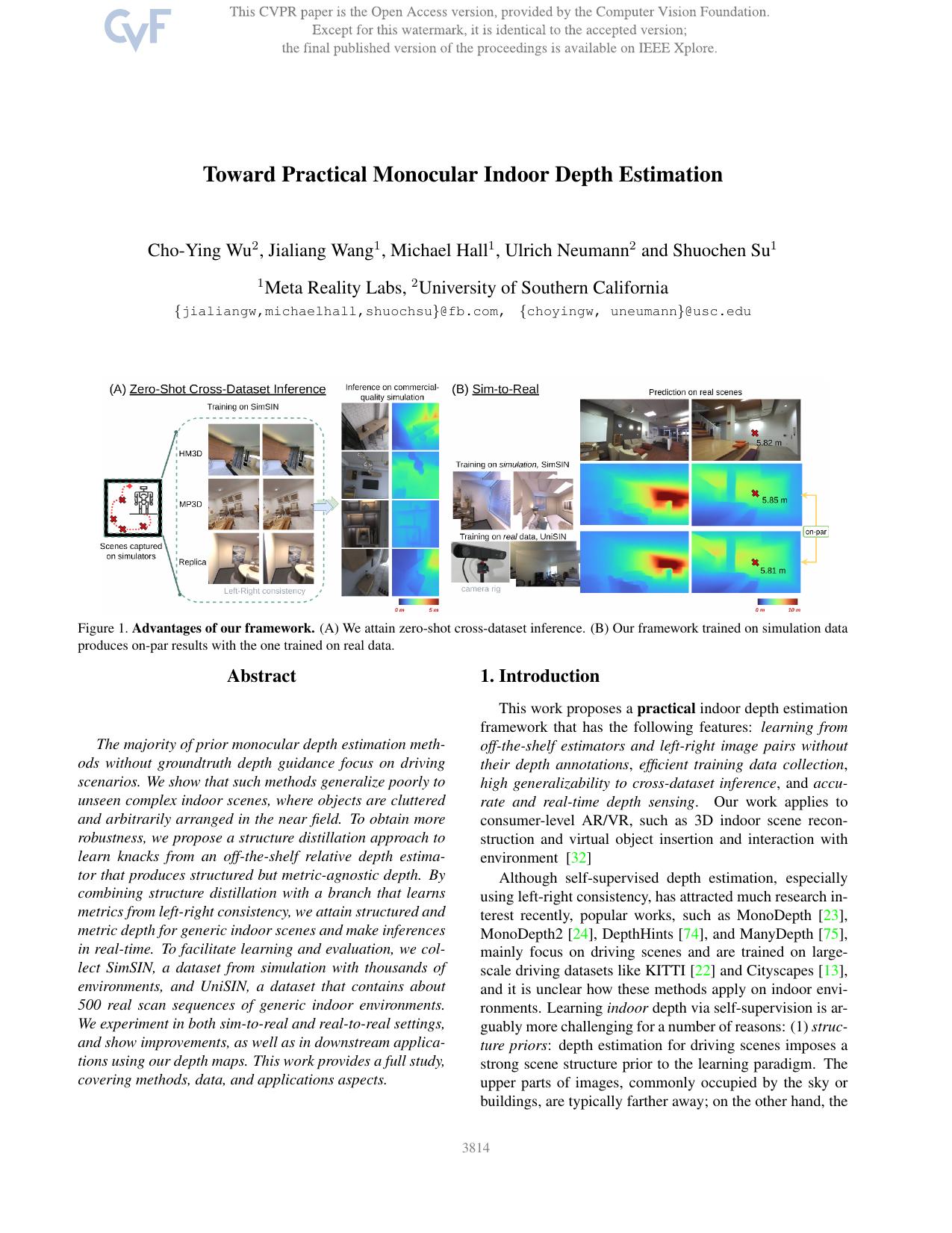 Toward Practical Monocular Indoor Depth Estimation by Cho-Ying Wu & Jialiang Wang & Michael Hall & Ulrich Neumann & Shuochen Su