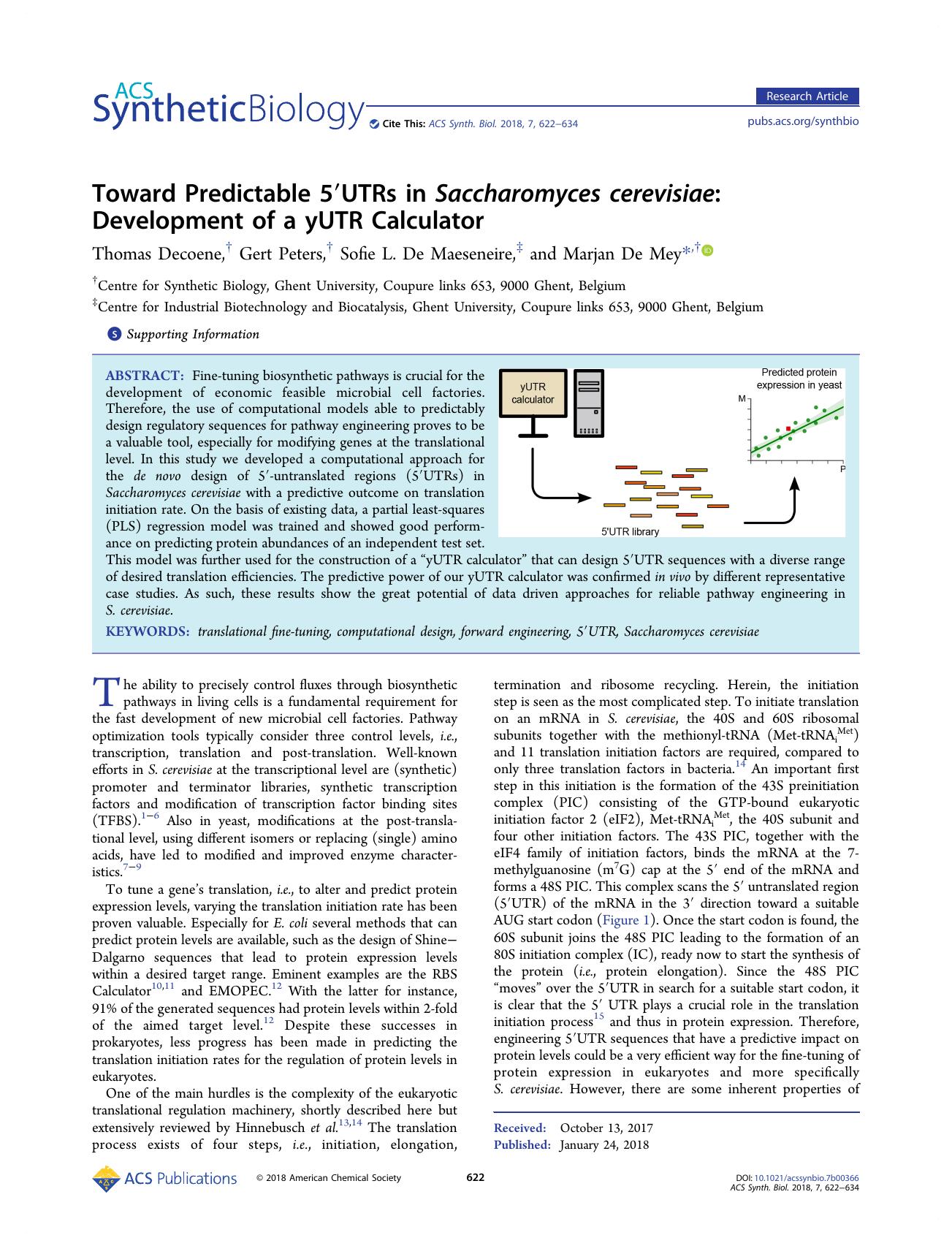 Toward Predictable 5â²UTRs in Saccharomyces cerevisiae: Development of a yUTR Calculator by Thomas Decoene Gert Peters Sofie L. De Maeseneire and Marjan De Mey