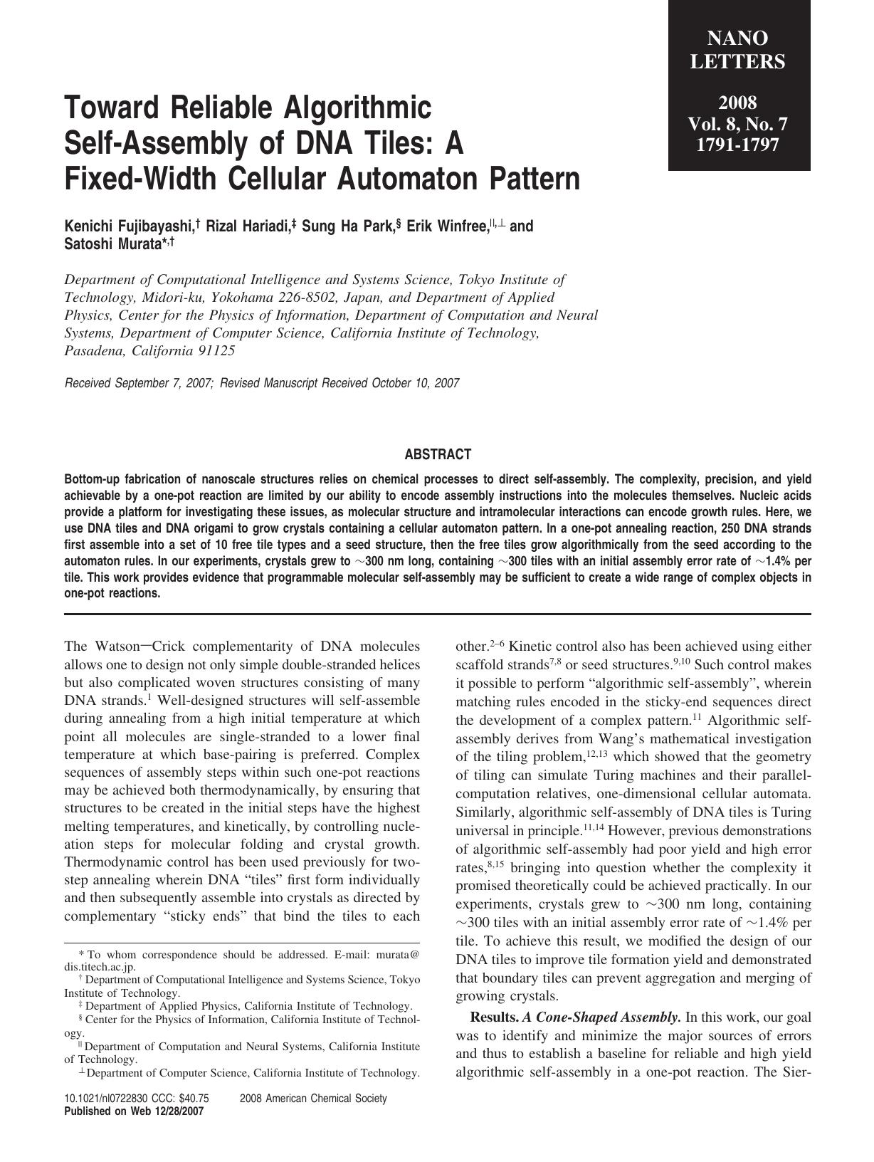 Toward Reliable Algorithmic Self-Assembly of DNA Tiles A Fixed-Width Cellular Automaton Pattern by Unknown