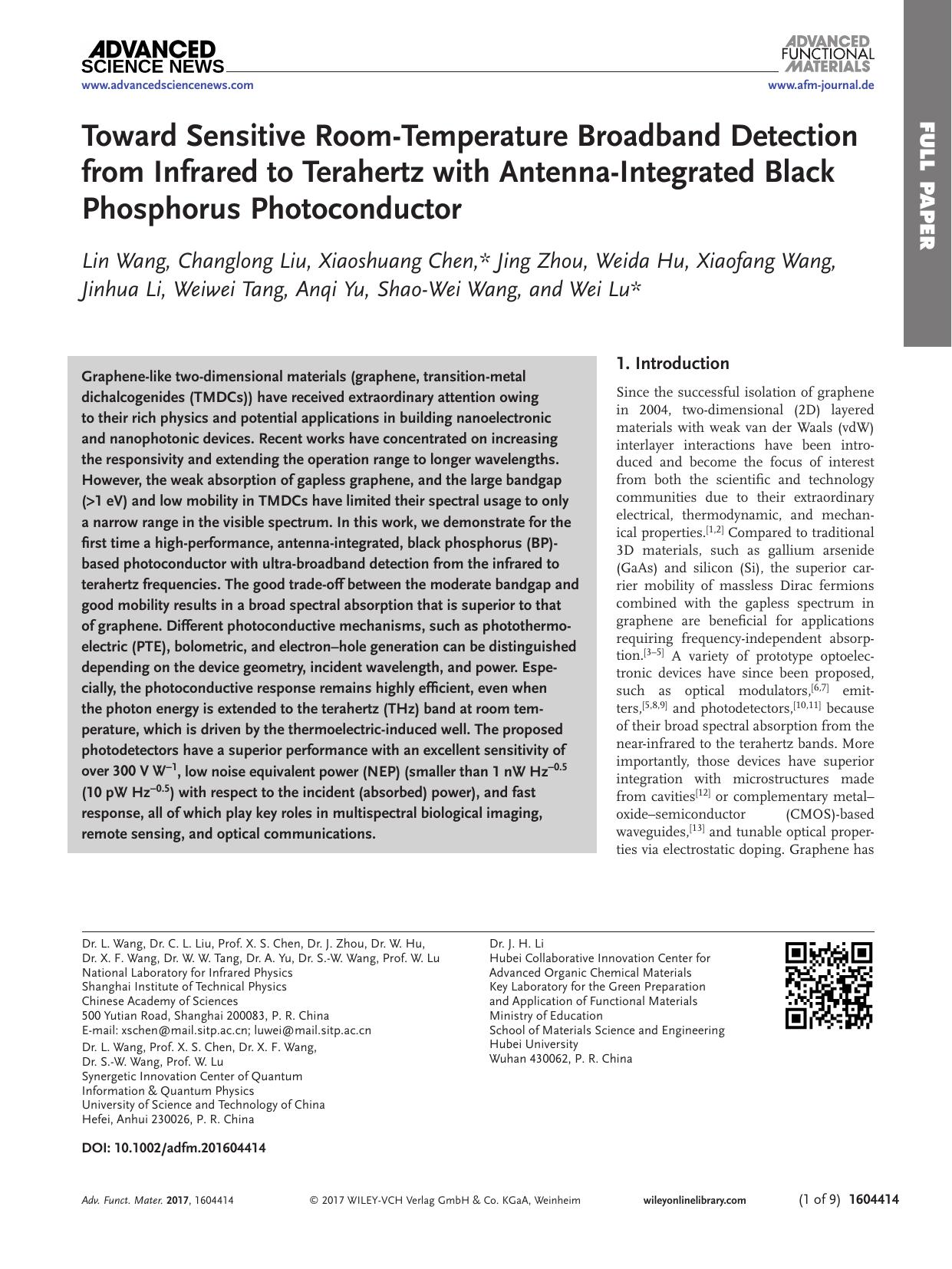 Toward Sensitive Room&#x02010;Temperature Broadband Detection from Infrared to Terahertz with Antenna&#x02010;Integrated Black Phosphorus Photoconductor by Unknown