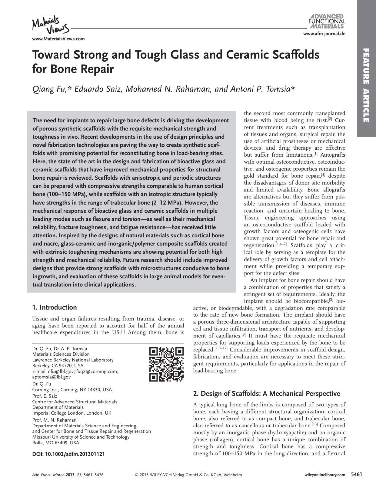 Toward Strong and Tough Glass and Ceramic Scaffolds for Bone Repair by s-w-270