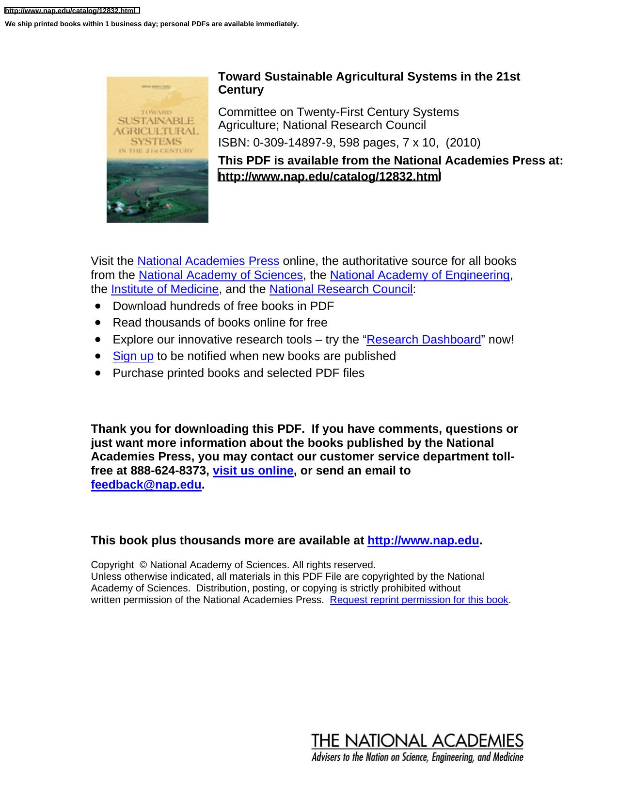 Toward Sustainable Agricultural Systems in the 21st Century (National Research Council) by Committee on Twenty-First Century Systems Agriculture National Research Council