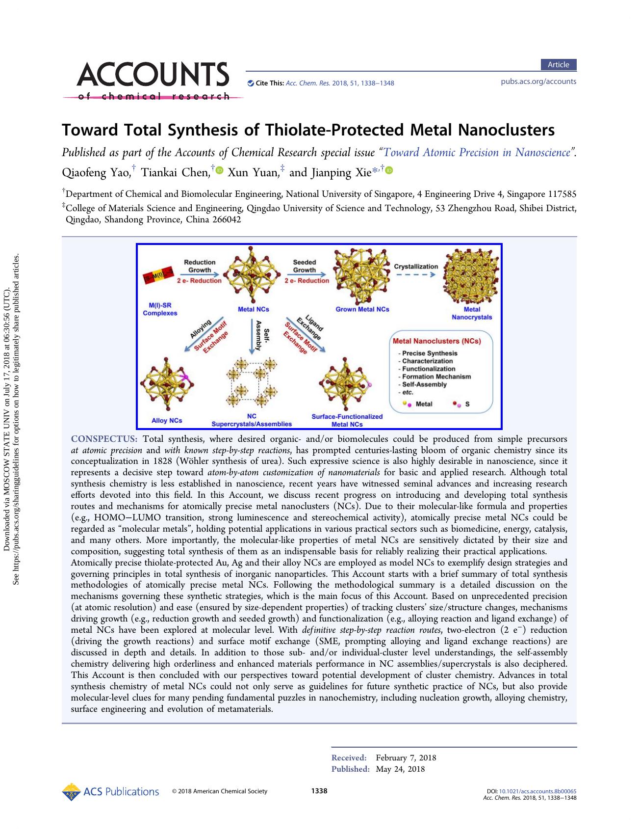 Toward Total Synthesis of Thiolate-Protected Metal Nanoclusters by Qiaofeng Yao & Tiankai Chen & Xun Yuan & Jianping Xie