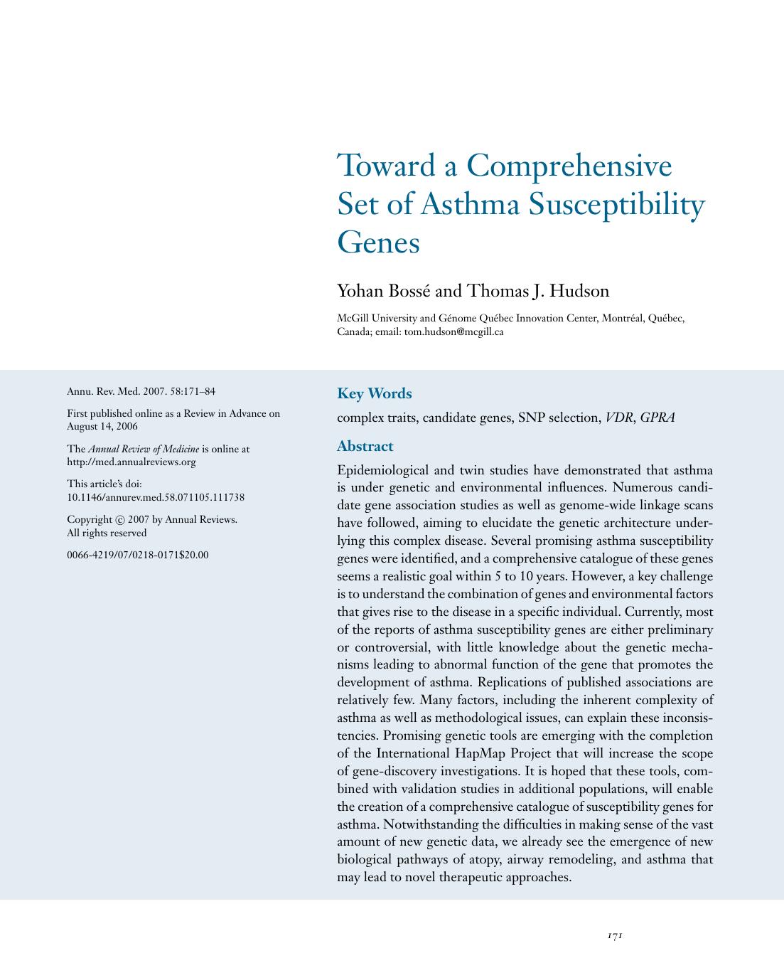 Toward a Comprehensive Set of Asthma Susceptibility Genes by Yohan Bosse and Thomas J. Hudson