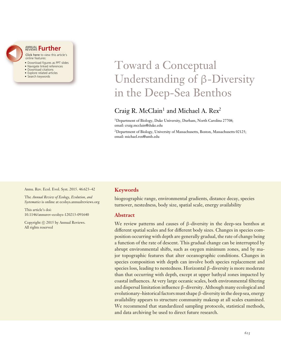 Toward a Conceptual Understanding of Î²-Diversity in the Deep-Sea Benthos by Craig R. McClain and Michael A. Rex