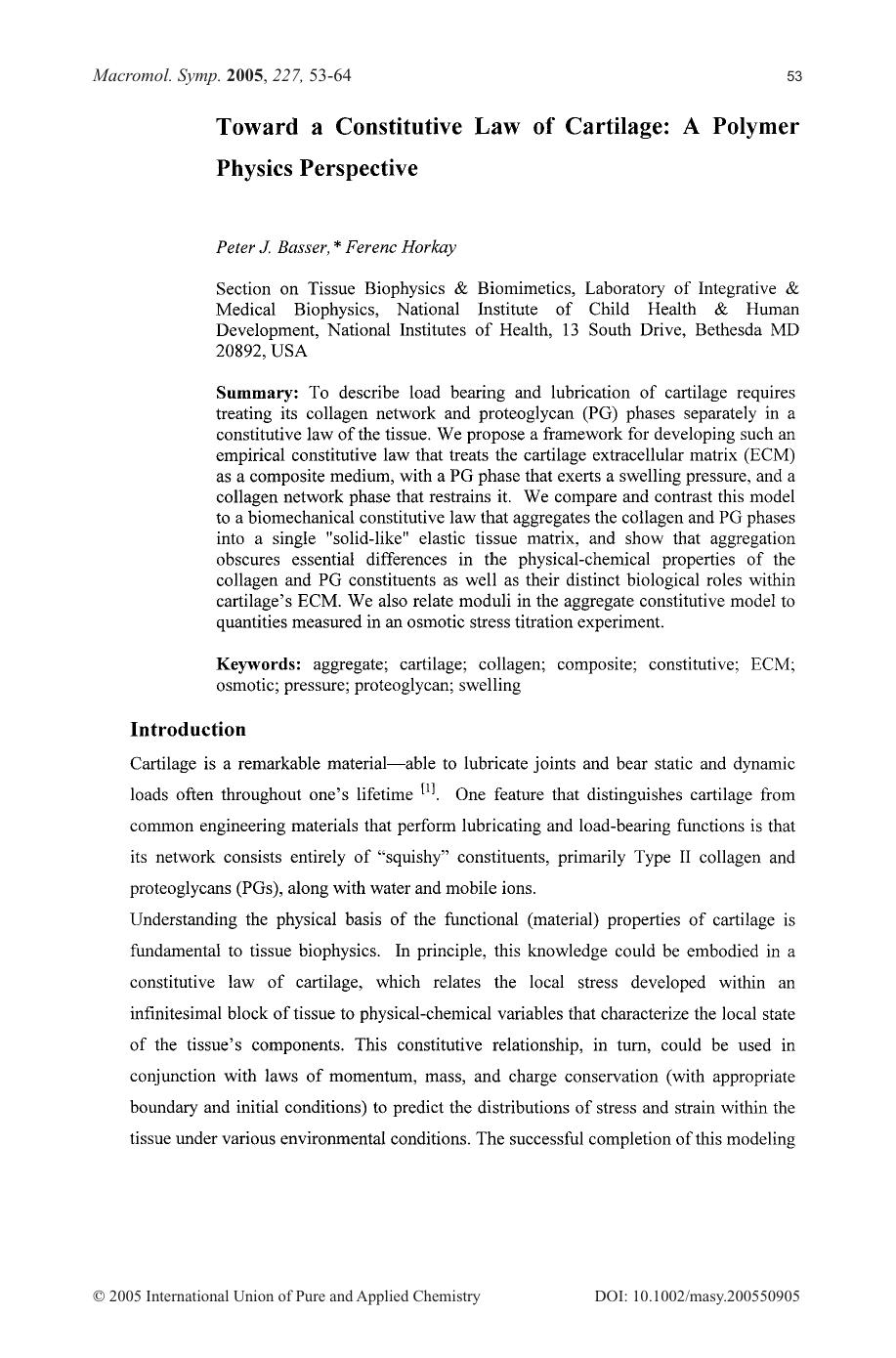 Toward a Constitutive Law of Cartilage[colon] A Polymer Physics Perspective by Unknown