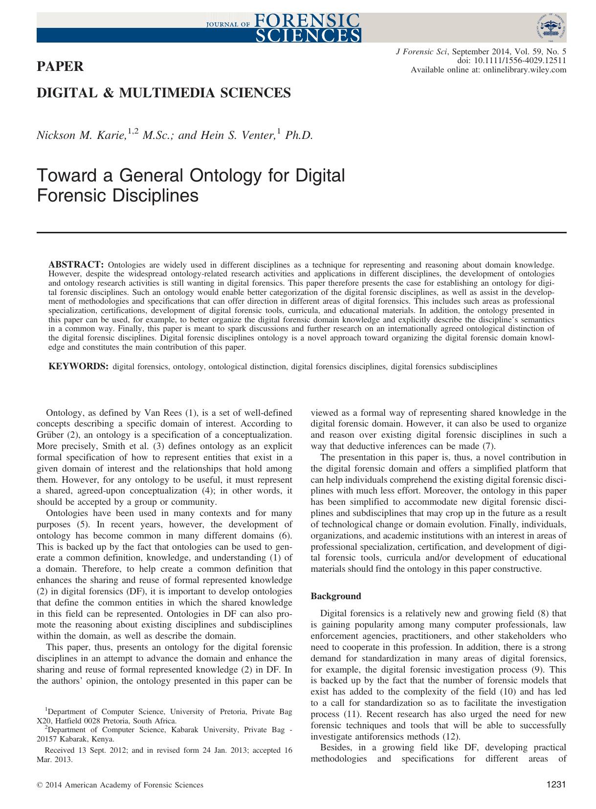 Toward a General Ontology for Digital Forensic Disciplines by Unknown